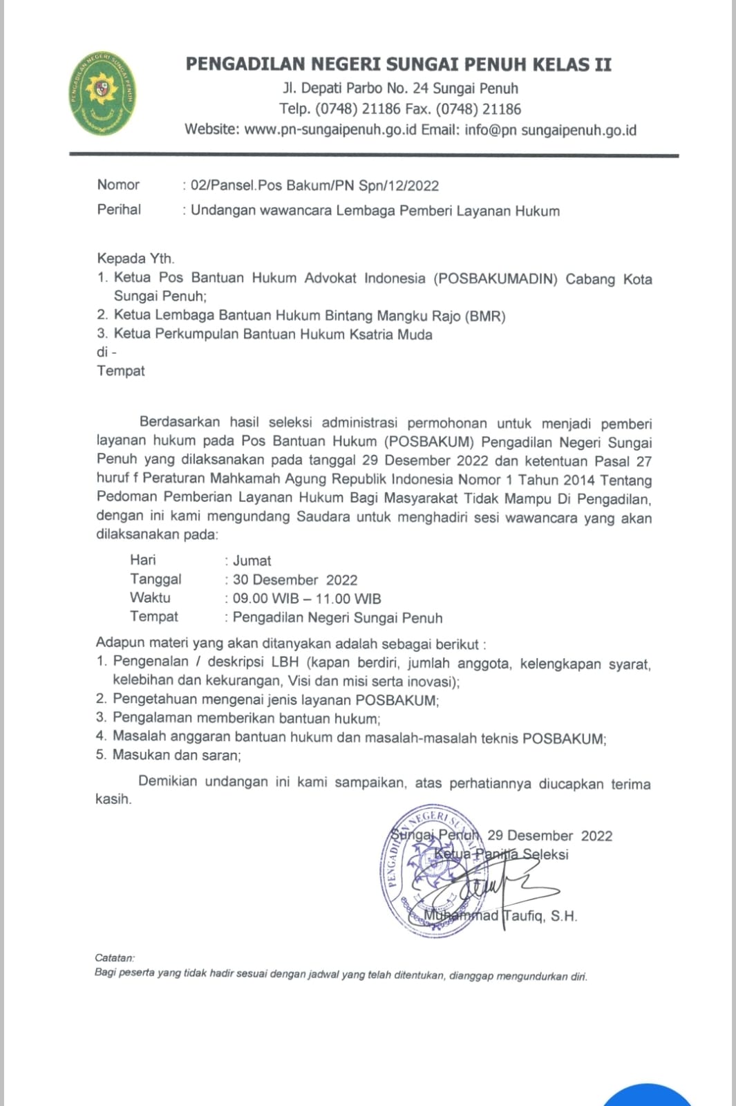 Undangan Wawancara Lembaga Pemberi Layanan POSBAKUM
